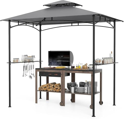 GOPLUS 242 x 150 cm Cenador para Barbacoa, Carpa Exterior con Techo de 2 Niveles, 2 Estantes Laterales, 6 Ganchos, 8 Clavos de Tierra,Marco Metálico, Pabellón de Picnic para Jardín (Gris Humo)