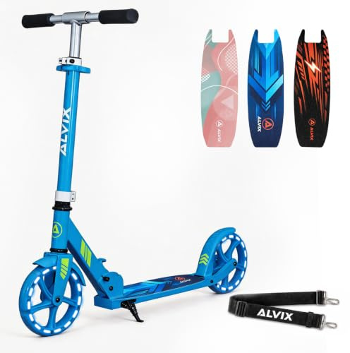 ALVIX Trottinette pour enfant avec roues lumineuses LED, hauteur réglable à partir de 6 ans, roues de 200 mm, trottinette pliable avec sangle de transport, large plateau, jusqu'à 100 kg