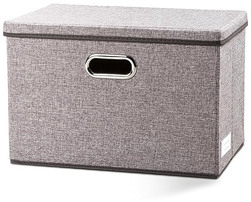 Prandom Grande contenitore pieghevole con coperchio [1-pack] Cestino decorativo in tessuto di lino con manici Grigio(43 x 30 x 30 cm)