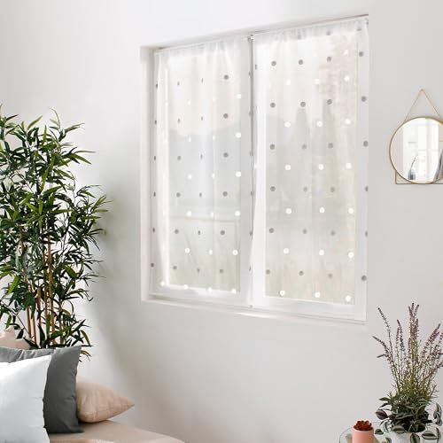 Enjoy Home – Paire de Vitrage Smarties – Motif Brodé - Passe Tringle- 100% Polyester – 60x120cm - Coloris Blanc/Argent