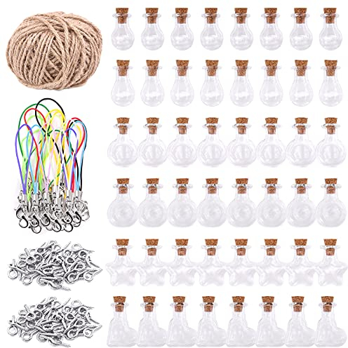 Tanstic 119 Stück 6 Formen Glasflaschen mit Korkverschluss, 48 Stück Wunschflaschen Glas Gastgeschenke Gläser mit 50 Stück Augenschrauben, Karabinerverschlüsse und 27,7 m Schnur für Hochzeit, Party,