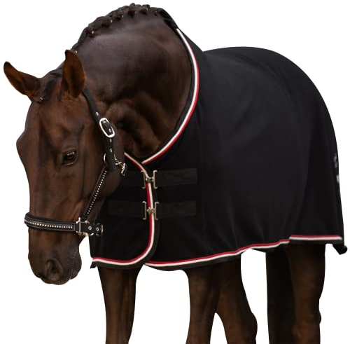 EQUILYX® Abschwitzdecke Pferd [perfekte Passform] Fleecedecke Stalldecke Transportdecke wärmend feuchtigkeitsabsorbierend atmungsaktiv (Schwarz, 155)