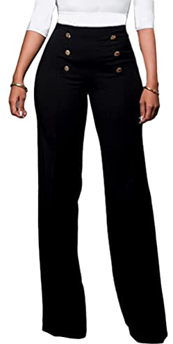 ORANDESIGNE Evasé Pantalons Femme Sexy Pantalon Évasé Couleur Unie Elastique Pants Taille Haute Boutons Croisés Pantalon Large Droit Élégant L'été Ville A Noir L