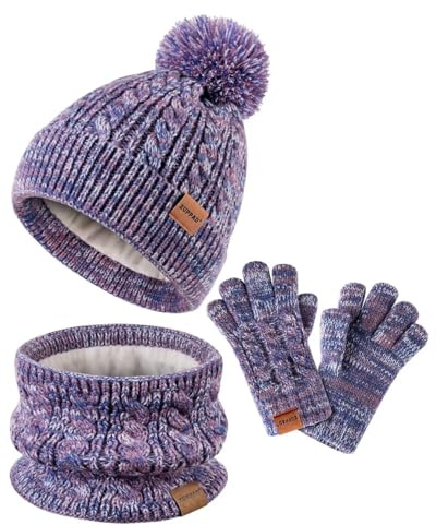 Kids Winter Hat Gloves Scarf Set,Girls Hats Beanie with Pom Knit Neck Warmer Gaiter Mittens Fleece Lined,Girls Accessories Cold Weather Set for Toddler Children Boys（Purple Mix）