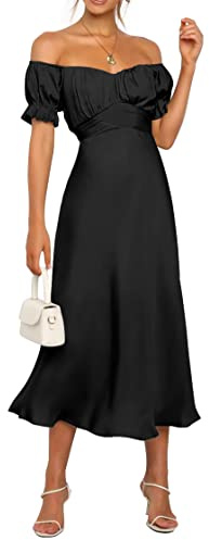 KIRUNDO Women's 2026 Spring Summer Satin Wedding Guest Midi Dress Off The Shoulder Wrap Party Cocktail Formal Prom Dresses(Black, Small)