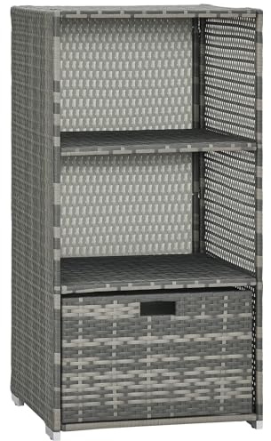Outsunny Valet Pool Towel Rack, Waterproof PE Plastic Rattan Wicker Storage Organizer, Indoor Outdoor Spa, and Hot Tub Accessory Storage, 2 Shelves, 1 Basket Drawer, Gray
