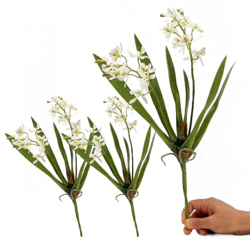 Mythlty 3pcs Artificial Cymbidium Orchid Flowers That Look Real, Faux White Orchid Stems for Vases, Silk Flowers Arrangement for Home Office Farmhouse Indoor Tables Centerpieces Decoration (White)