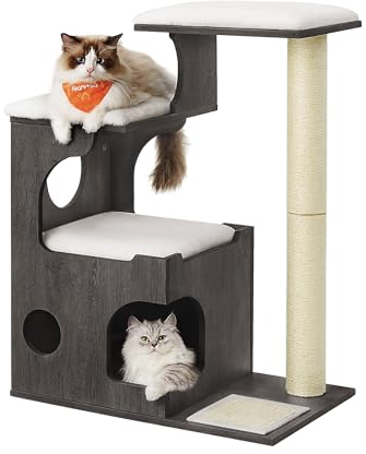 Feandrea Kratzbaum, 86 cm hoher Katzenbaum, Spanplatten-Katzenkratzbaum, mit Höhle, Liegeflächen, Säule und Sisal-Kratzmatte, waschbare Plüschkissen, nebelgrau PCT070G02