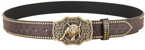 WANGCL Cinturones de Hebilla de Cuero Occidental Cinturón de Hebilla de Toro de Cuerno Largo de Vaquero Cinturones de Vaquero con Relieve Floral para Hombres (47,3 Pulgadas de Largo)