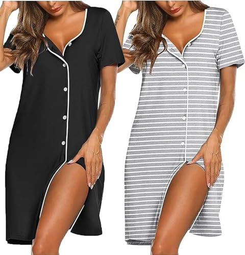 Ekouaer 2 Pack Nightdress for Women Button Down S-XXL | v neck, short sleeves, trim detail, knee-length, sexy casual, light and comfortable