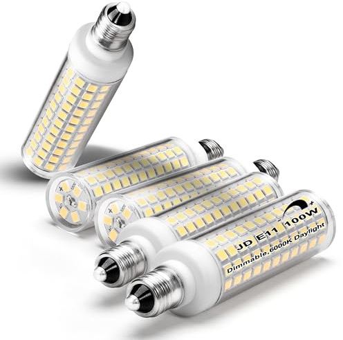E11 Led Bulbs 120V 100W Halogen Candelabra Bulbs Equiva Dimmable,T3 T4 Mini Base JDE11 Bulb,6000K Daylight Cool White 10W 1000LM E11 for Chandeliers,Candelabra,Ceiling Fan ,Cabinet Lighting,5Pack