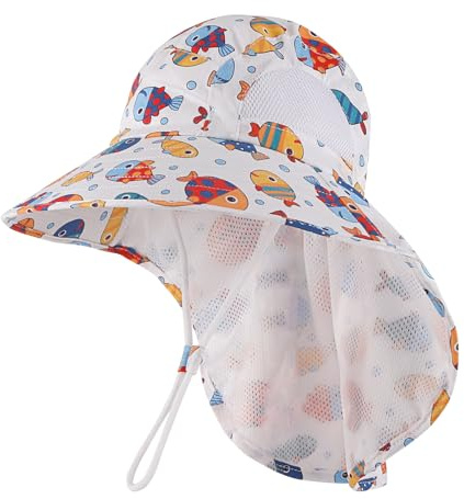 MK MATT KEELY Sombrero de Playa con ala Ancha para Bebés Niños Niñas 3-12 Años Gorro de Verano Seco RáPido UPF 50+ Protección del Cuello,Pez Blanco