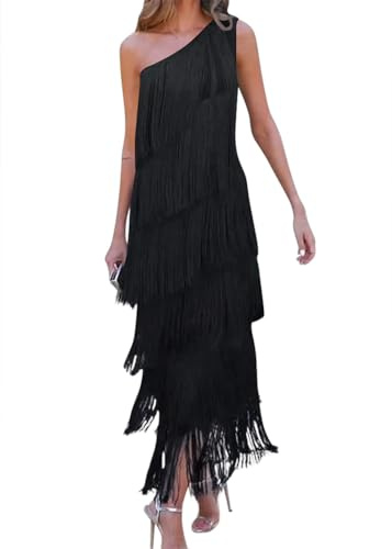 Onsoyours Abito Donna Frange Elegante Chic Vestiti Sexy Senza Maniche Vestito Lunghi A-Linea Asimmetrico Maxi Abiti Cocktail Sera Party Dress A Nero XL