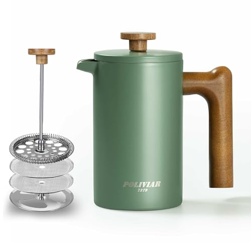 Poliviar French Press Kaffeebereiter 600 ml/21oz, Doppelwandige Isolierte Kaffeekanne und Teebereiter, Handfilter Kaffeepresse mit Plunger & Griff aus Holz, Flatland (Grün)