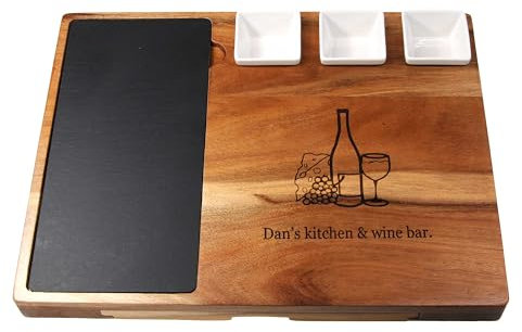 Personalised Deluxe Acacia Wood Cheeseboard and Charcuterie Meat Sharing Board, 44 x 33 x 5.7 cm, with Slate Insert, 3 Dip Dishes, Wire Cutter, Tongs, Hidden Drawer