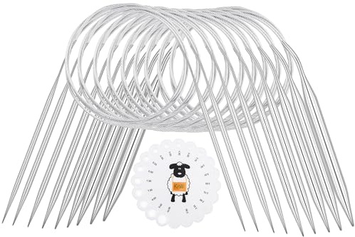 Coopay - Juego de agujas de punto circular de acero inoxidable, 9 piezas con medidor de agujas, agujas de tejer de metal de 60 cm 2,0-6,0mm para suéteres, bufandas, mantas o proyectos grandes