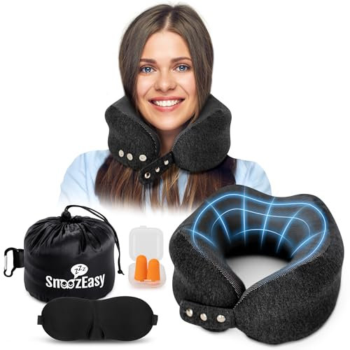 SnoozEasy™ Reisekissen für Erwachsene | Nackenkissen aus hochdichtem Memory-Schaum für Flugzeug | Verstellbares Flugreisekissen mit Augenmaske, Ohrstöpsel, Tragetasche und Karabinerhaken | UK-Marke