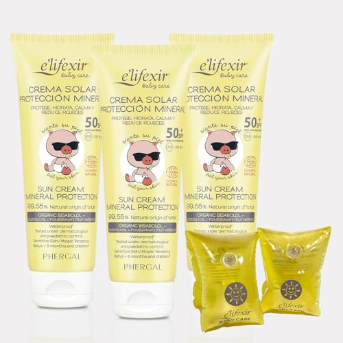 Elifexir Baby Care | Crema Solar Mineral Niños y Bebés | Protector Solar UVA, UVB e IR-A SPF 50+ | Filtros 100% Minerales | 99% Ingredientes Naturales | Resistente al Agua | Pack de 3 + Manguitos