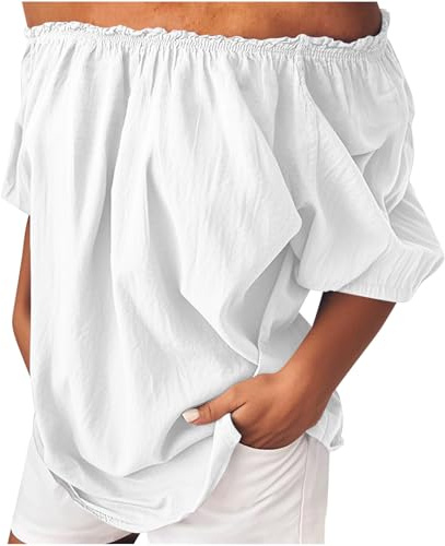 NSICBMNO White Off The Shoulder Tops for Women Short Sleeve Blouses Plus Size Cotton Linen Casual Oversized Tunic Top Baggy T Shirts Ruched Summer Tops Loose Blouses for Going Out Y2K Holiday Beach