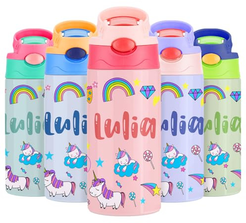 VEELU Botella Agua Personalizada con Pajita - Termo Personalizado con Nombre - Botella Agua Acero Inoxidable Personalizada - Botella Termica Niña 350ml - Regalo Seño Infantil
