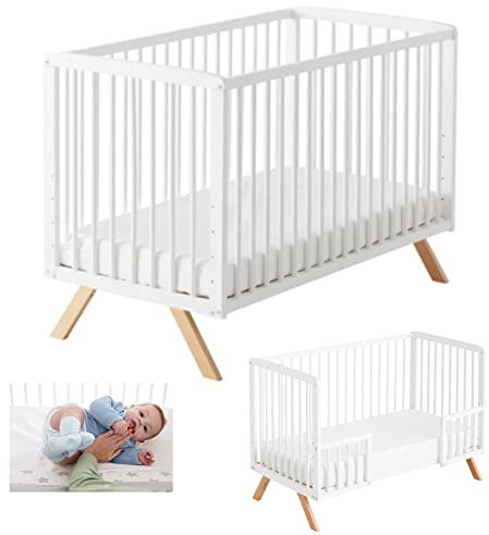 Cuna Bebe Convertible en Cama Nuru. Incluye Kit colecho para unir la Cuna a la Cama con Seguridad y Las barandillas Blancas para convertirla en Cama. con normativa Europea CoolDreams