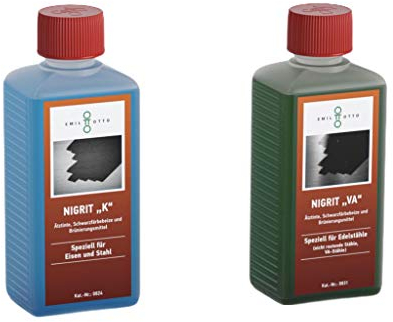Brünier-Set I: 250 g NIGRITK, Kaltbrünieren - Schwarzfärben von Eisen u. Stahl + 250 g Schwarzfärbe-Schnellbeize NIGRITVA, zum Kaltbrünieren - Schwarzfärben für Edelstähle