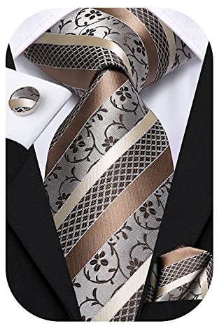 Hi-Tie Herren Krawatte Schwarz Paisley/Plaid/Streifen/Einfarbig Krawatten Set Einstecktuch Manschettenknöpfe Business Formal Hochzeit Meeting Geschenkbox,Champagner streifen