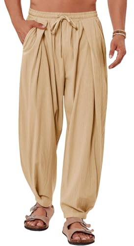 Gafeng Mens Linen Yoga Pants Elastic Waist Drawstring Summer Beach Loose Fit Casual Tapered Trousers Beige