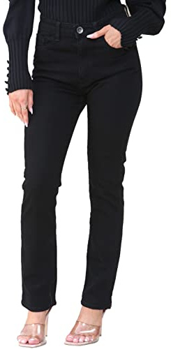 BRAND KRUZE Pantalon en jean taille haute à jambe droite coupe slim pour femme, Noir , 48