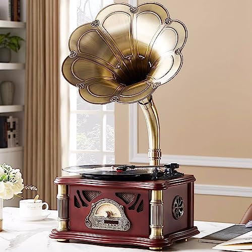 HZLSBL - Classic Gramophone with Bluetooth Output, Retro Gramophone Turntable for 7 Inch, 9 Inch, 12 Inch, 3 Speed, Hi-Fi, Handmade by Pure Oak (Nogal)