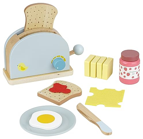 Baroni Toys Set Grille-Pain en Bois Montessori 10 Accessoires, Jeu en Bois pour la Préparation des Toasts, Jeux en Bois pour Enfants, Appareil Ménager Jouet de 3 à 7 Ans, 15x6.5x11 cm