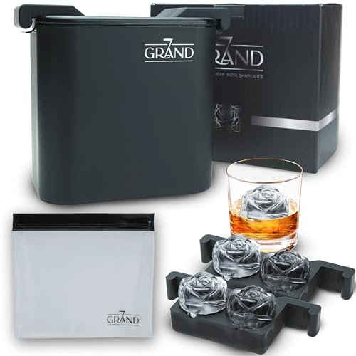 Crystal Clear Ice Ball Maker - 2 Piece Rose Ice Cube Mold Makes Large, Clear Rose Shaped Round Ice Cubes - Cocktail Ice Maker with Silicone Container - Durable, Freezer-Safe, Food-Safe - 7Grand