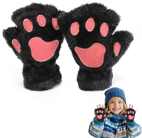 EQLEF Fingerlose Handschuhe Mädchen, Katzenpfote Nette Halbe Warme Winterhandschuhe Krallen Handschuhe Cosplay für Kinder Mädchen