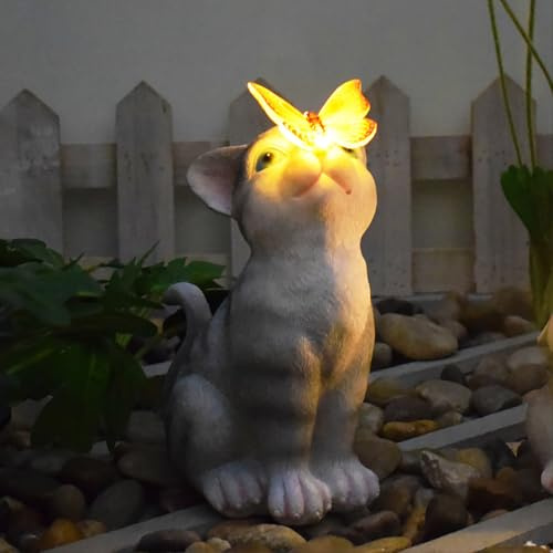 Kamanan Estatuas Solares de Jardín, Decoración de Gato de Jardín para Exteriores, Figura Decorativa Solar con Luz Mariposa para Terraza, Balcón, Porche, Césped