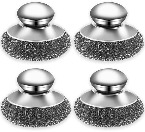 MisFun Paquete de 4 Estropajos de Acero Inoxidable, Esponjas de Limpieza de Lana de Acero con Mangos, Estropajo Cocina de Lana de Acero de Prima, Esponjas de Acero Inoxidable Bola de Alambre de Acero