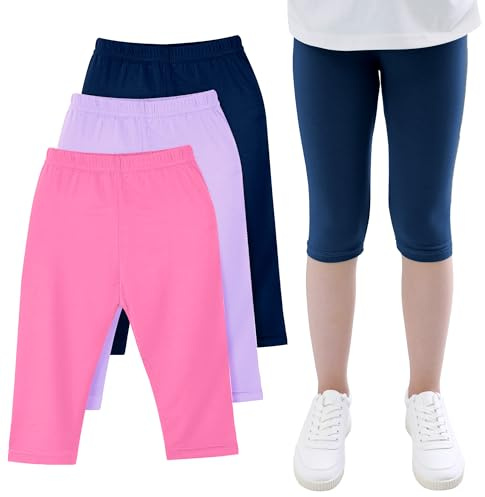 JinBei Fille Leggings Capri 3/4 Été Extensible Respirants Modal Danse Pantalon Court Filles Lot de 3 Confortables Gymnastique Cycliste Sport Shorts Sweatpants 6-7 Ans, Marine Violet Rouge