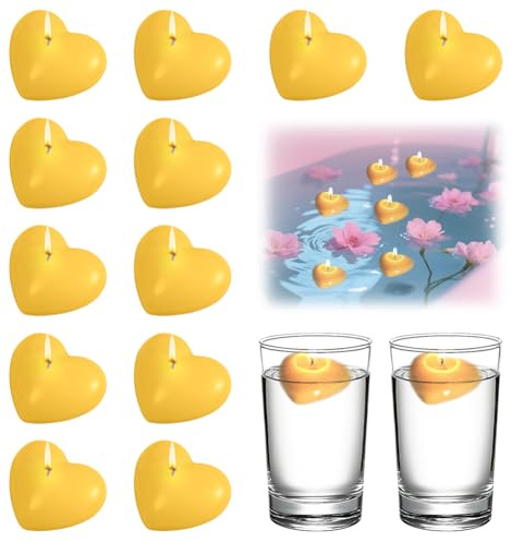 12 candele galleggianti a forma di cuore, impermeabili, grandi, 50 x 45 x 28 mm, candele galleggianti, durata circa 3 ore, per matrimoni, piscina, San Valentino, Natale, decorazione (giallo)