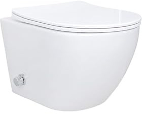 Belvit WC suspendu sans bord avec abattant Taharet/bidet intégré avec système d'abaissement automatique - WC mural avec raccord eau froide et chaude - Toilettes design avec douche en acier inoxydable