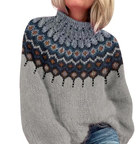 Generisch Pullover Norvégien pour Femme Hiver Pull Norvège Automne Pull de Noël Décontracté Désinvolte Pulls pour Femme Manches Longues Pull d'Hiver Chaud Haut Élégant Pull en Maille Sweat-shirt, gris