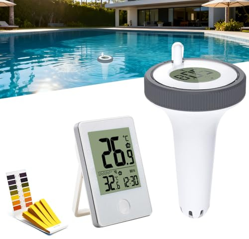 Pooltermometer trådlöst, pooltermometer för vattentemperatur med pH-testremsor, flytande pooltermometer, pooltermometer vattentätt för dammtillbehör
