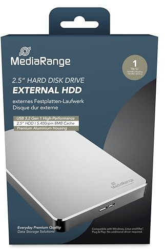 MediaRange Externes HDD Laufwerk 1TB - USB 3.0 Festplattenlaufwerk 2.5, mit 8MB Cache, Datenübertragungsrate bis zu 5 Gbit/s, hochwertiges Gehäuse aus Aluminium