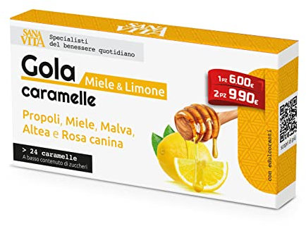 Sanavita Gola Limone Miele Caramelle con Propoli, Malva, Altea e Rosa Canina - 24 caramelle per confezione