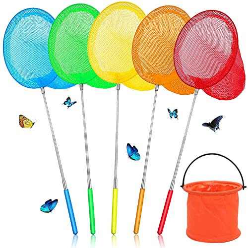 DWTECH 5 Pack Kids Telescopic Butterfly Net Fishing Net Pond Net Extendable (14.5 to 33.8 Inches)+1 Pack Folding Bucketfor Kids Catching Bugs Insect Small Fish Outdoor Beach Garden Activities