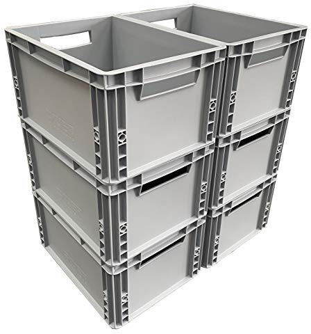 6 x 20 Litres Industrial Plastic Stacking Euro Storage Containers Boxes Crates GREY