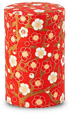 NOREN Japanese Tea Canister Tin (Yuzen Washi Paper), 3.5oz Size Made in JAPAN with Includes Inner Lid of Airtight Damp-Proof/Kitchen Jar for Loose Leaf Coffee Tea Spice and More (Plum/Red)