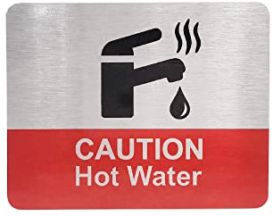 Caution Hot Water Tap Sink Sign with Adhesive Backing, Printed Metal Aluminium Composite Sign with Waterproofing (Size 11 cm x 9cm) kitchen, bathroom, safety notice.