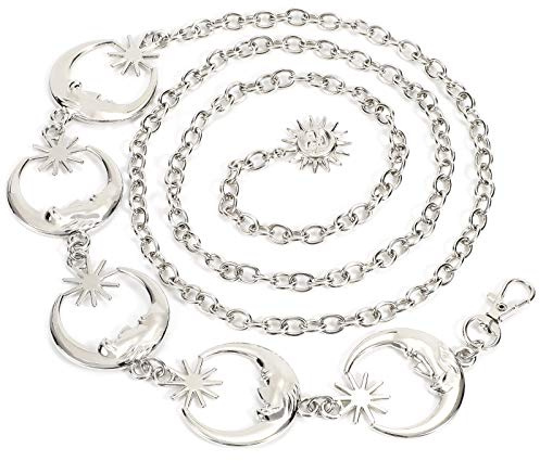 WERFORU Women's Silver Metal Link Moon Star Body Chain Belt Ladies Waist Chain Belt for Jeans Dress (Silver, Fit waist size below 54 Inches)
