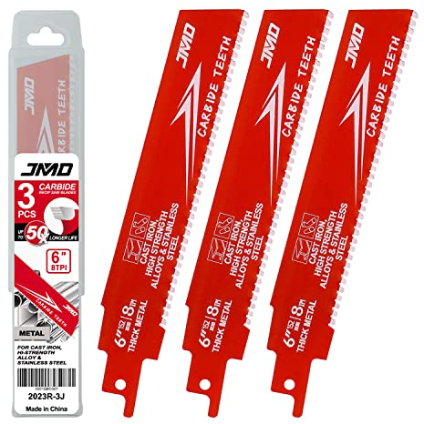 JMD 3-Pack 8TPI 152mm Carburo Lames Sega Gattucio per Metallo Spesso Lames Seghetto Gattuccio Carburo per Ghisa e Acciaio Legato Compatibile con Milwaukee Makita Dewalt Ryobi ecc
