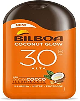 Bilboa, Latte Solare Coconut Glow SPF 30, Crema Solare con Olio di Cocco e Vitamina E, Leggera sulla Pelle, Protezione Solare Resistente all'Acqua, 200 ml