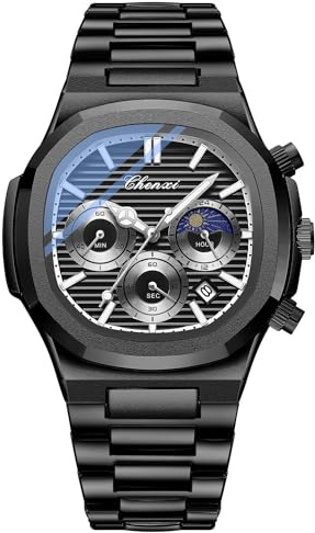 Tiong Herren Chronograph - Quadratisches Achteckiges Design, Leuchtende Wasserdichte Business Uhr, Multifunktions Edelstahl Quarzuhr